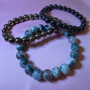 NEW Hematite and (possibly) Jasper Set of 3 Crystal Beaded Bracelets